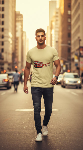 Beige t-shirt with a red double-decker bus graphic and text on a white background