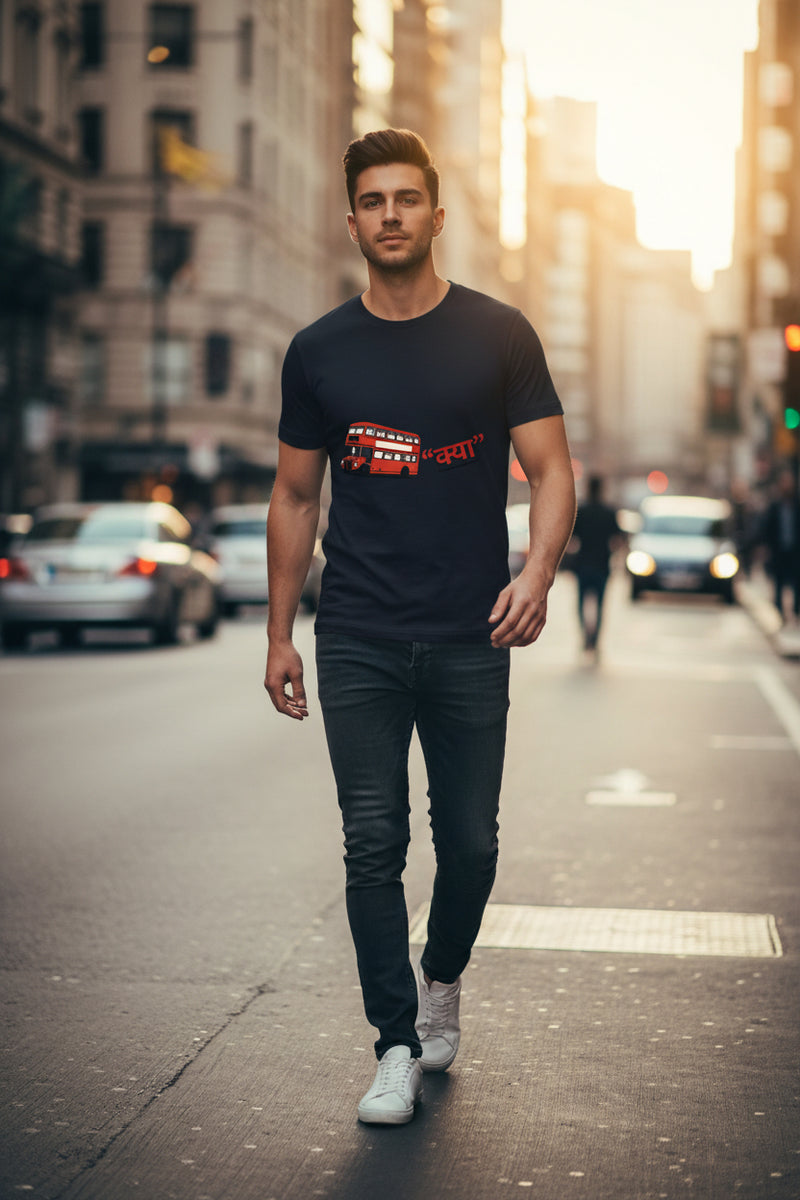 Royal Blue t-shirt with a red double-decker bus graphic and text on a white background