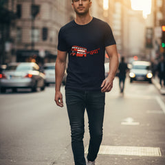 Royal Blue t-shirt with a red double-decker bus graphic and text on a white background