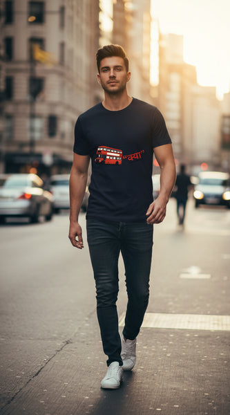 Royal Blue t-shirt with a red double-decker bus graphic and text on a white background