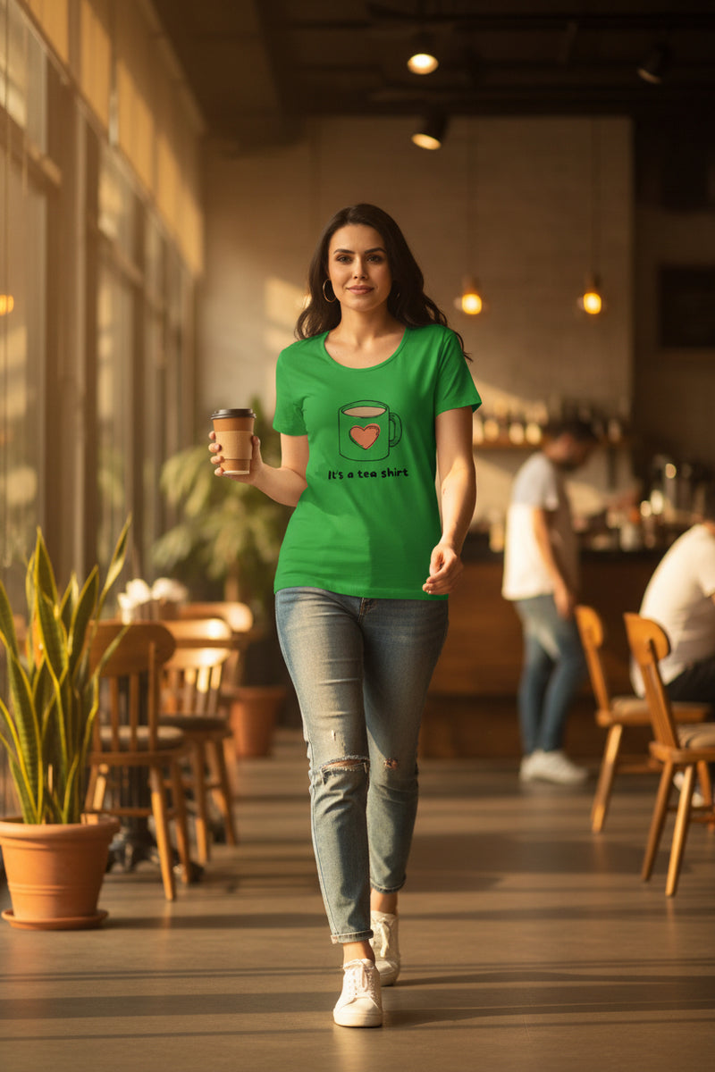 Woman wearing a green t-shirt with a tea cup design and text on a white background