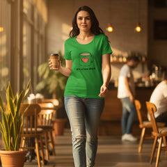 Woman wearing a green t-shirt with a tea cup design and text on a white background