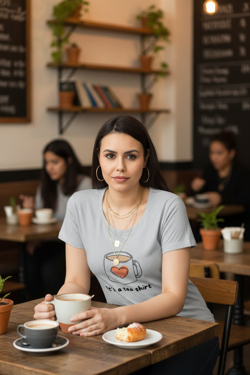 Woman wearing a gray t-shirt with a heart design and text on a white background