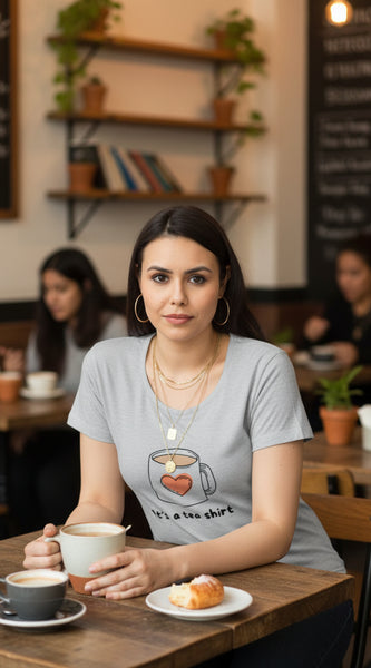 Woman wearing a gray t-shirt with a heart design and text on a white background
