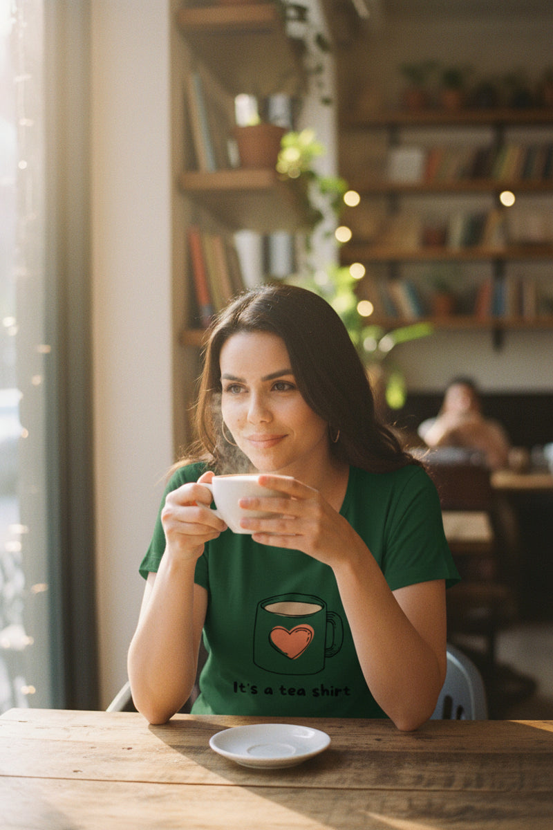 Woman wearing a green t-shirt on a white background