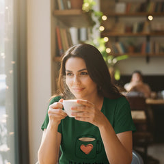 Woman wearing a green t-shirt on a white background