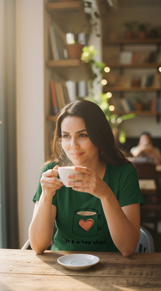 Woman wearing a green t-shirt on a white background