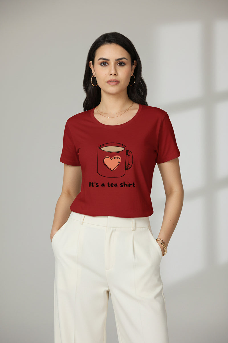 Woman wearing a red t-shirt with 'Shriji Aura' logo on a white background
