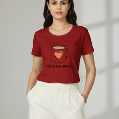 Woman wearing a red t-shirt with 'Shriji Aura' logo on a white background