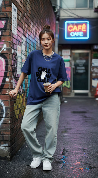 Navy blue t-shirt with 'Chill Brew Club' text and graphic on a white background