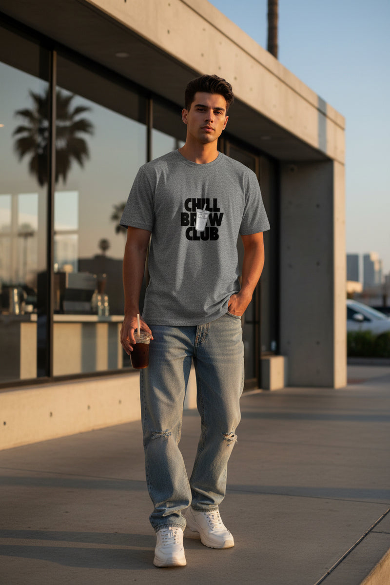 Gray t-shirt with 'Chill Brew Club' text and logo on a white background