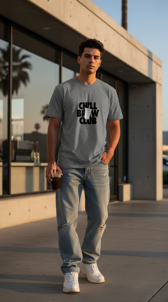 Gray t-shirt with 'Chill Brew Club' text and logo on a white background