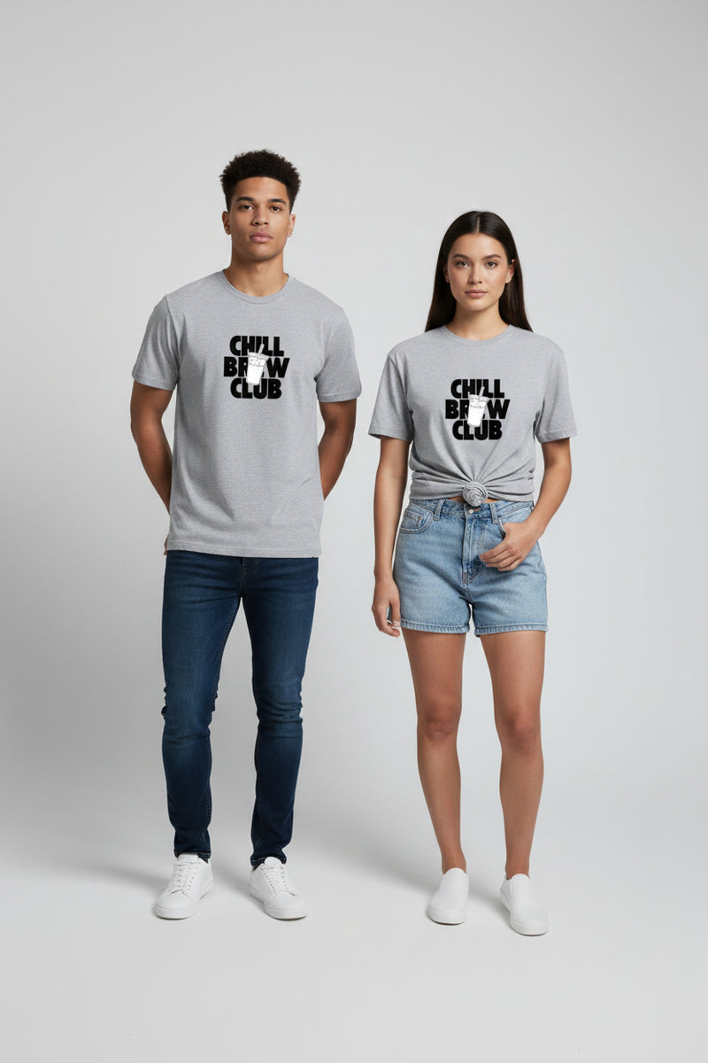 Gray t-shirt with 'Chill Brew Club' text on a white background