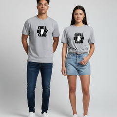 Gray t-shirt with 'Chill Brew Club' text on a white background