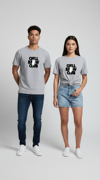 Gray t-shirt with 'Chill Brew Club' text on a white background
