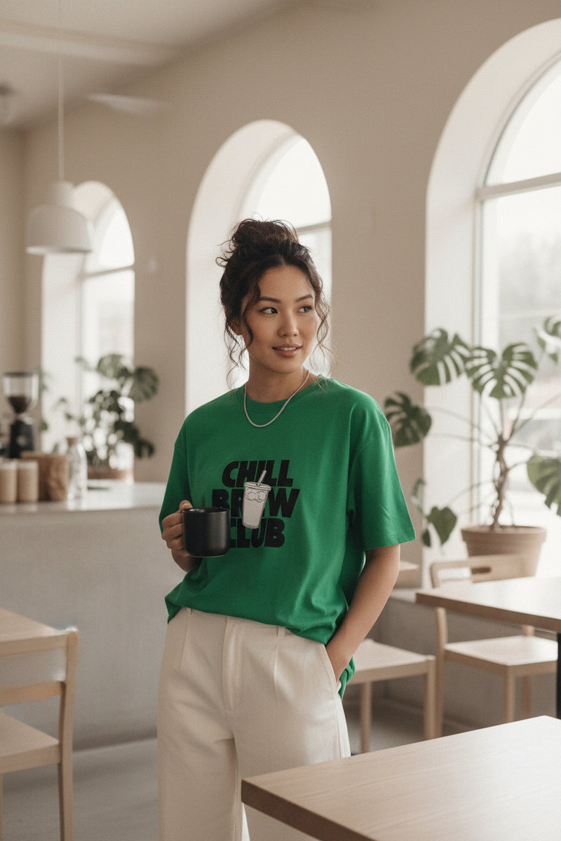 Green t-shirt with 'Chill Brew Club' text and graphic on a white background