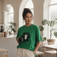 Green t-shirt with 'Chill Brew Club' text and graphic on a white background