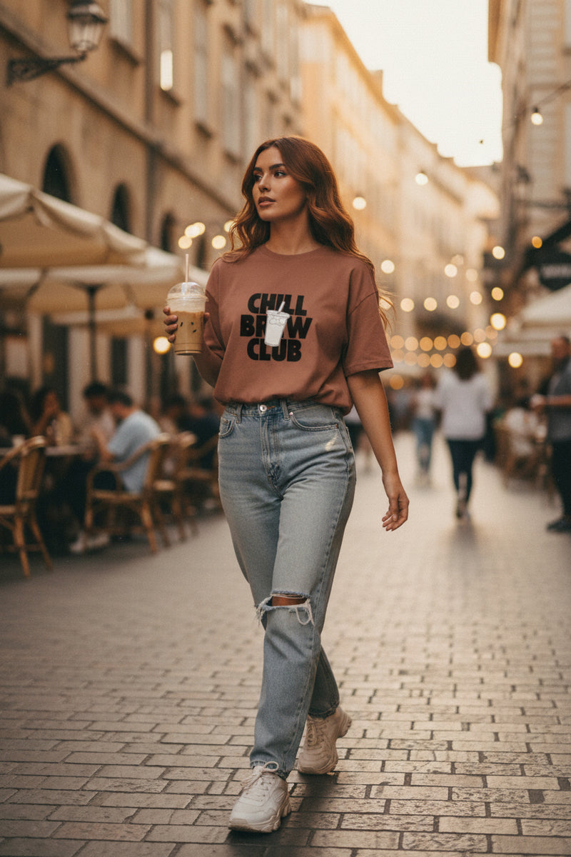 Brown t-shirt with 'Chill Brew Club' text and graphic on a white background