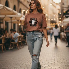 Brown t-shirt with 'Chill Brew Club' text and graphic on a white background