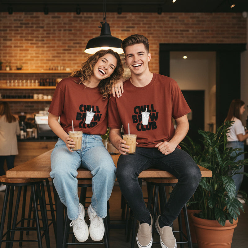 Maroon t-shirt with 'Chill Brew Club' text and graphic on a white background