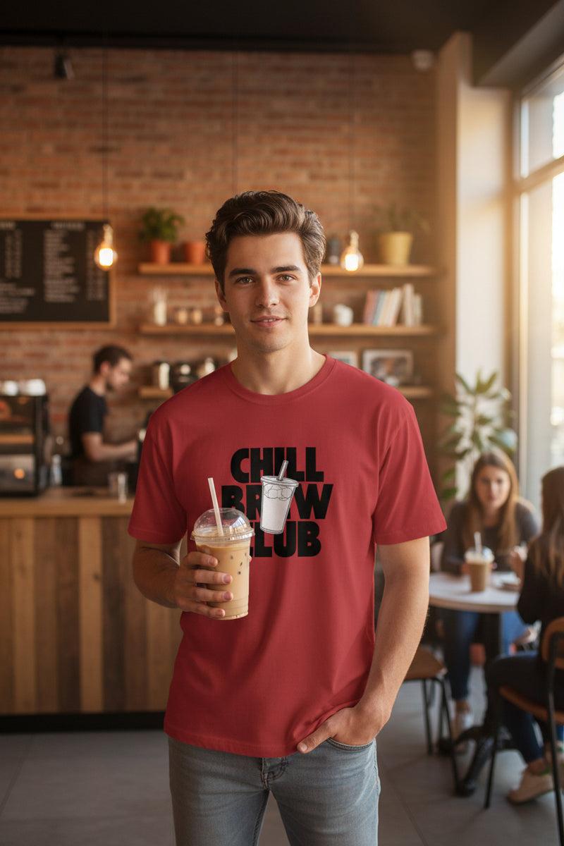 Red t-shirt with a black and white graphic design on a white background