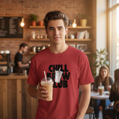 Red t-shirt with a black and white graphic design on a white background