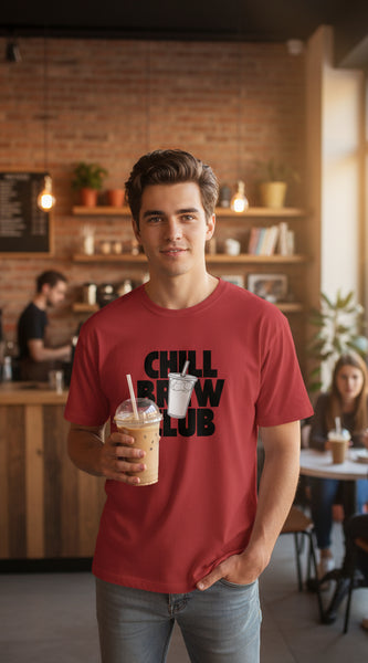 Red t-shirt with a black and white graphic design on a white background