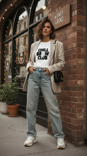 White t-shirt with 'Chill Brew Club' text on a white background