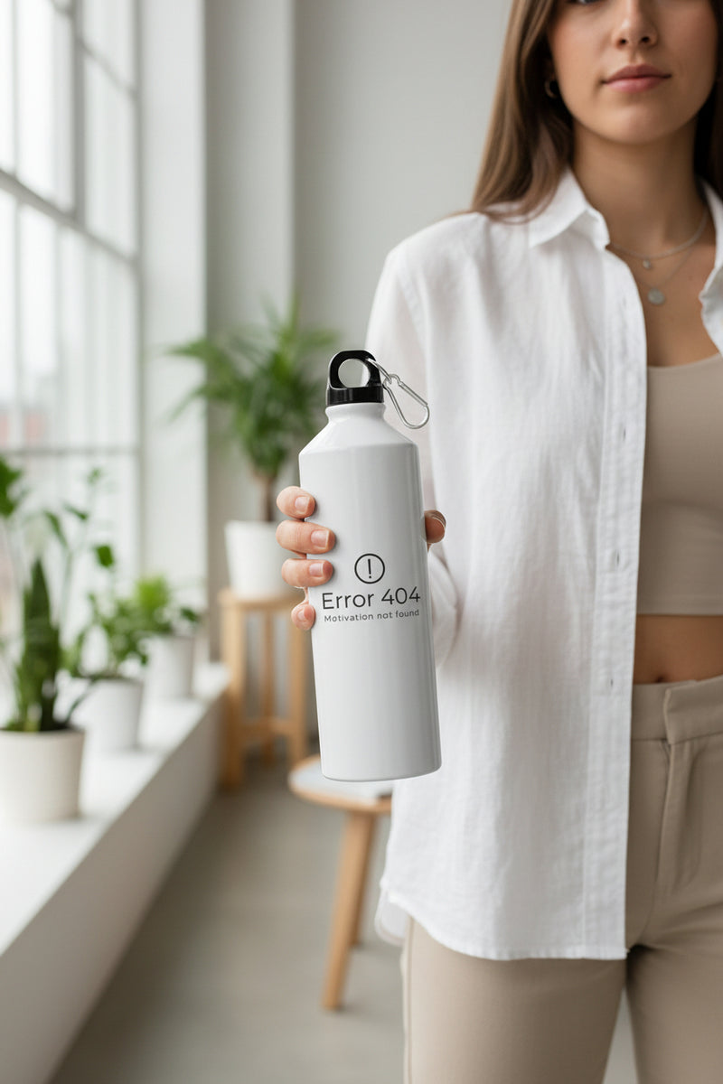 White water bottle with geometric design on a light surface with greenery in the background