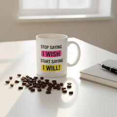 Two white mugs with colorful text on a light gray background