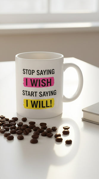 Two white mugs with colorful text on a light gray background