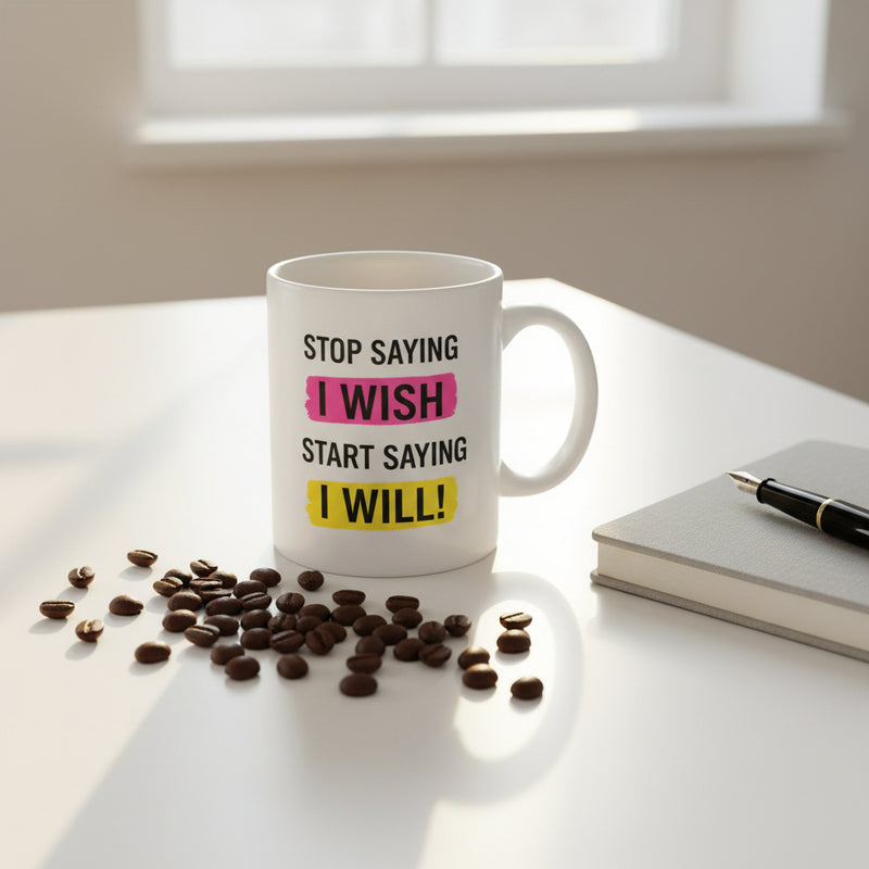 Two white mugs with colorful text on a light gray background