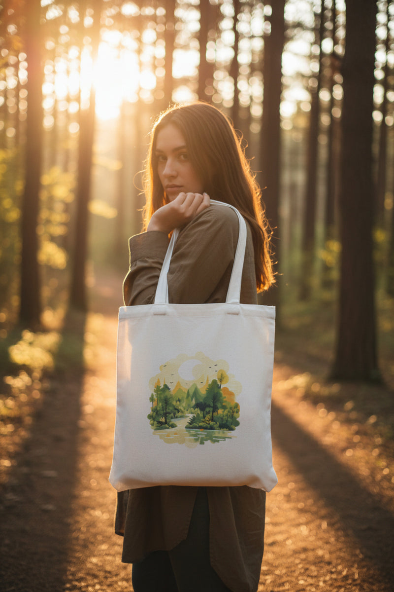 Tote bag with a nature design held by a hand on a white background