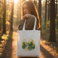 Tote bag with a nature design held by a hand on a white background