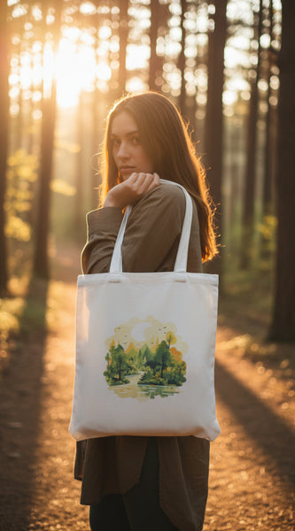 Tote bag with a nature design held by a hand on a white background