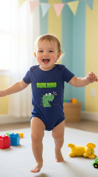 Navy blue baby onesie with green dinosaur graphic and 'Cute Dino' text on a white background