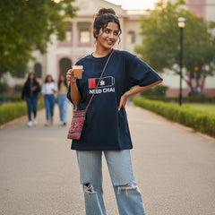 Blue  t-shirt with a graphic design and text 'NEED CHAI' on a white background
