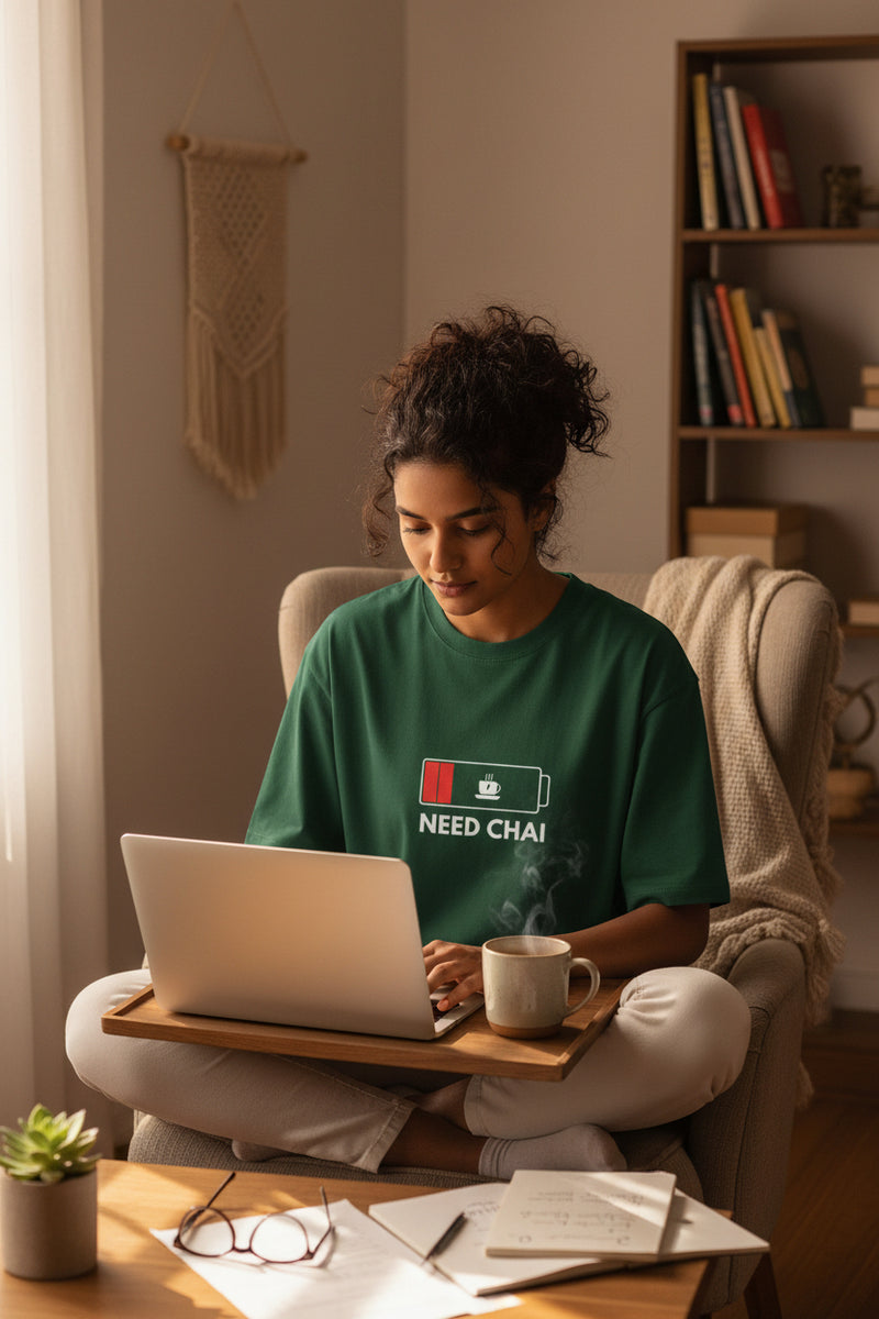 Green t-shirt with 'Need Chai' graphic on a white background