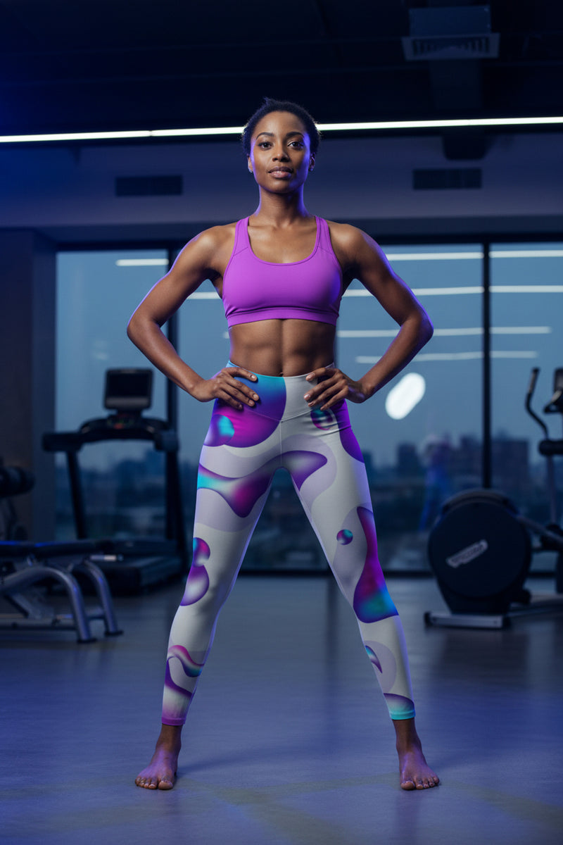 Colorful abstract-patterned leggings on a person against a white background