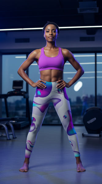 Colorful abstract-patterned leggings on a person against a white background