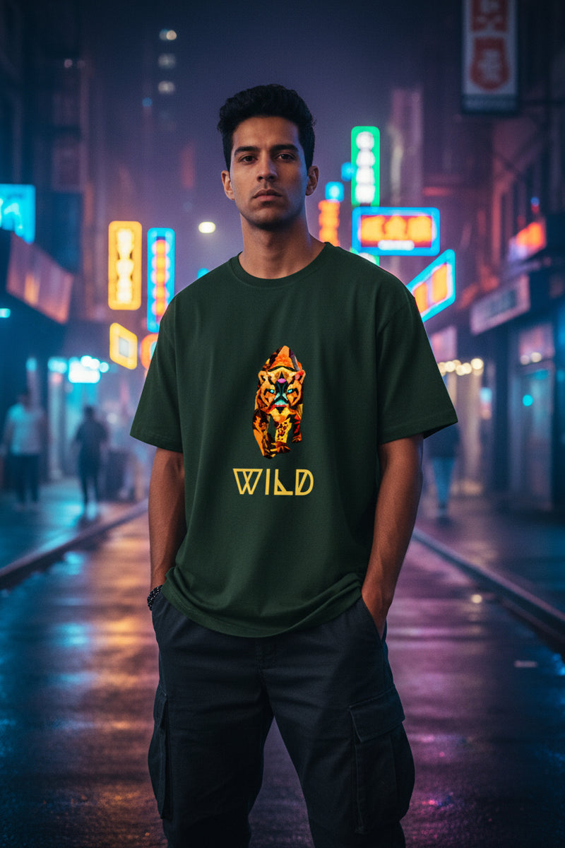 Black t-shirt with a fiery tiger graphic and 'WILD' text on a white background