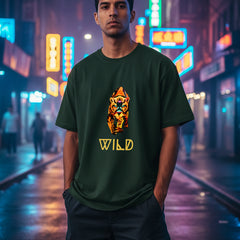 Black t-shirt with a fiery tiger graphic and 'WILD' text on a white background