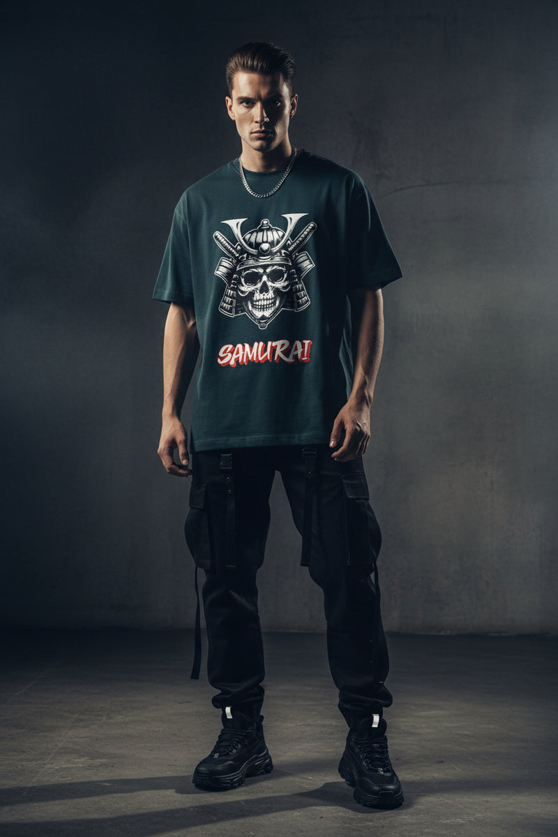 Peacock Green t-shirt with a skull and katana design and 'Samurai' text on a white background