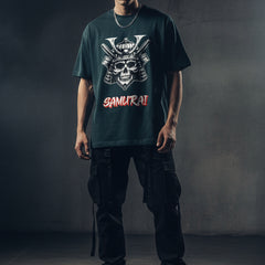 Peacock Green t-shirt with a skull and katana design and 'Samurai' text on a white background