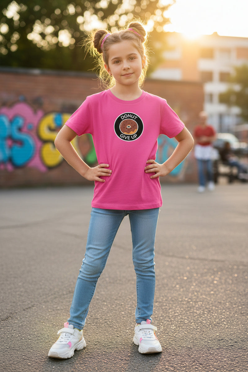 Pink t-shirt with a 'Donut Give Up' graphic on a white background