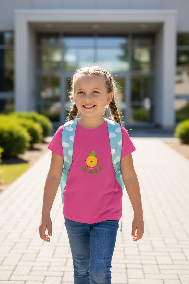 Pink t-shirt with a small graphic on a white background