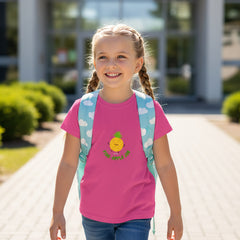 Pink t-shirt with a small graphic on a white background