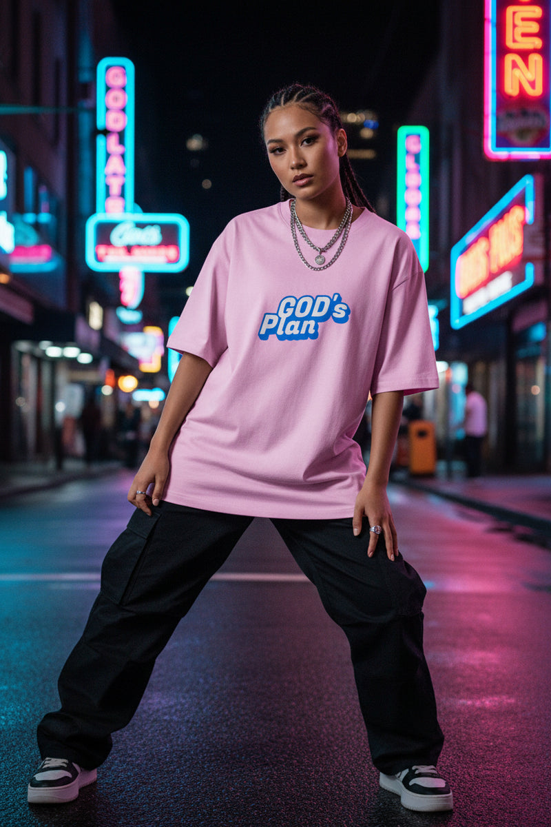 Pink t-shirt with 'GOD's Plan' text on a white background