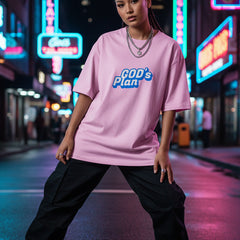 Pink t-shirt with 'GOD's Plan' text on a white background