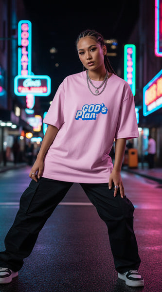 Pink t-shirt with 'GOD's Plan' text on a white background